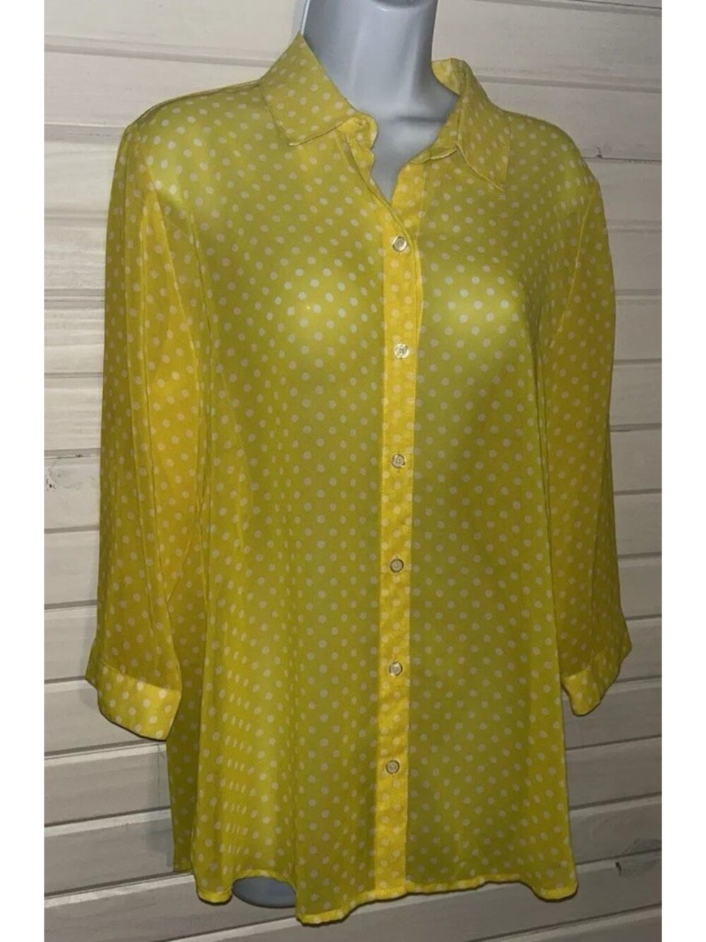 Susan Graver Sz SMALL Yellow White Polka Dot Print Woven Button Up Tunic EUC